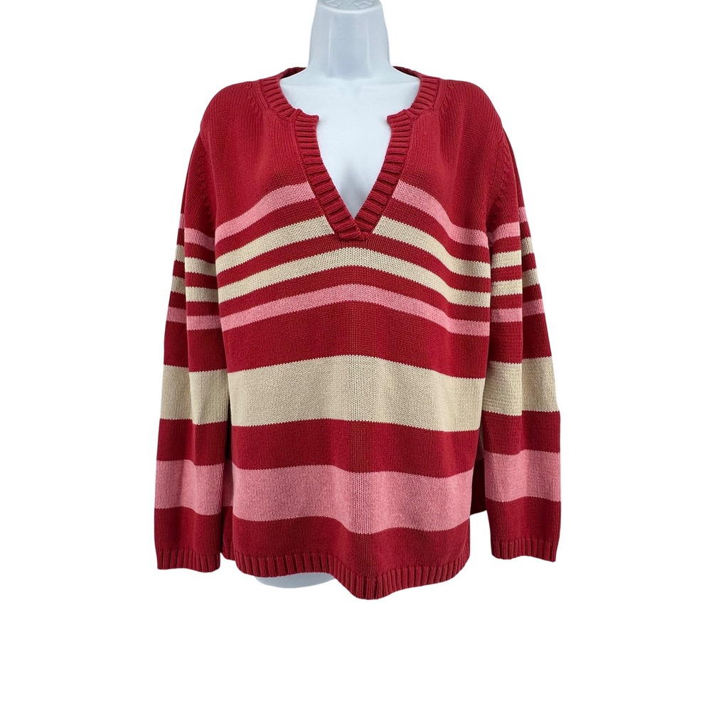 Eddie Bauer Striped Sweater Womens XL Red Pink Split‎ V-Neck Cotton Coastal